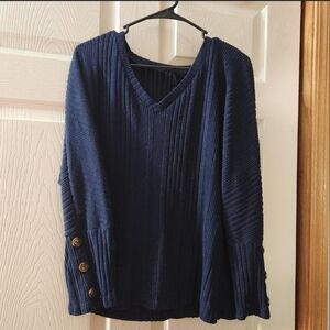 Navy Blue V-Neck Women's Sweater With Buttons on Sleeves